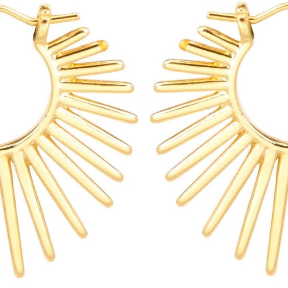 Sunburst-Style Gold Plated Hinged Hoop Earrings Trendy Chunky Statement Woman